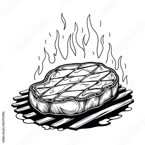 Line Art Argentinian Steak on Grill with Flames, Culinary Illustration
