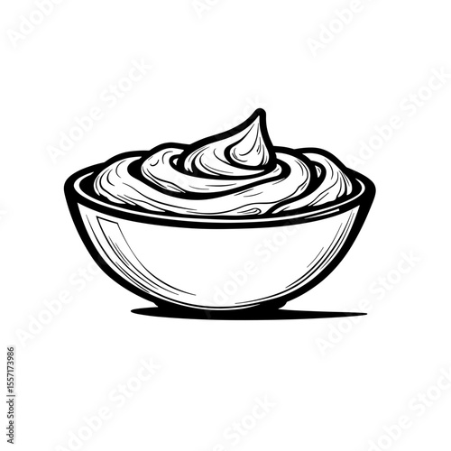 Line art style Middle Eastern hummus dip, bold black outlines on white background