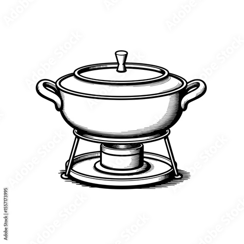 Line art of Swiss cheese fondue pot, culinary illustration for cooking theme