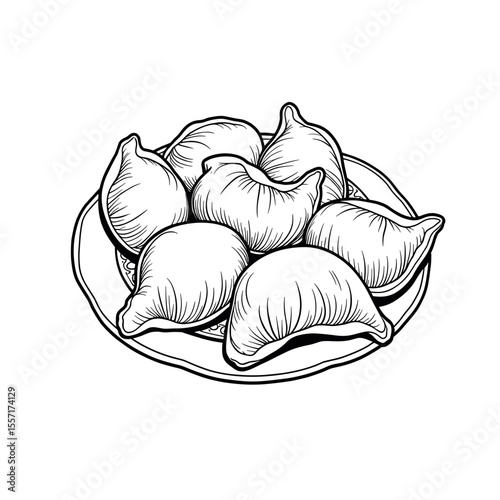 Georgian khinkali dumplings line art, culinary illustration on white background
