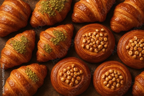 Freshly baked pastries and buttery croissants filled with nuts displayed on bakery counter, featuring pistachios and hazelnuts from a top-down perspective. Homemade confections.