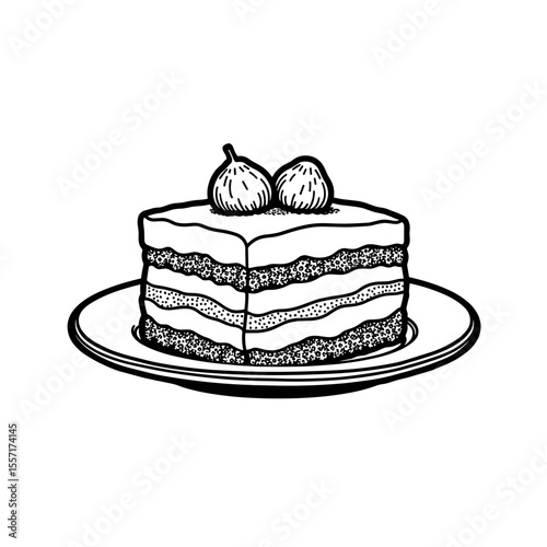 Italian tiramisu line art, detailed dessert illustration on white background