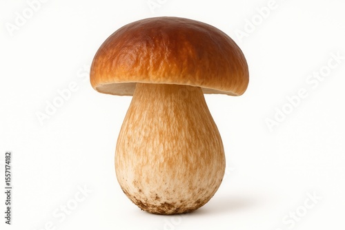 Juicy porcini cep mushroom shown on a plain white backdrop