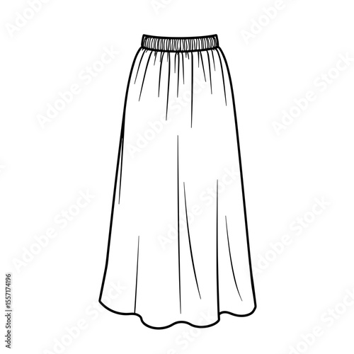 A-line skirt with elastic waistband line art, fashion design drawing