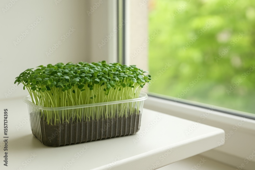 Naklejka premium Indoor microgreen cultivation in a plastic tray on a windowsill, ready for customization