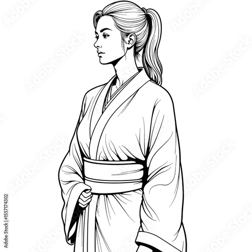 Line art of woman in kimono wrap, traditional fashion culture art