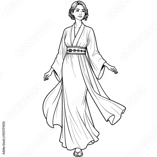 Line Art of Woman in Flowy Chiffon Kimono, Elegant Fashion Illustration
