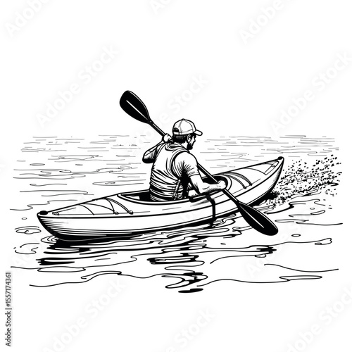 Line Art Kayaking Adventure on River, Outdoor Recreation Illustration