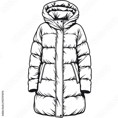 Line art of oversized padded puffer coat, minimalist fashion design