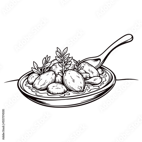 Line art style of food in dish with spoon, culinary illustration for design