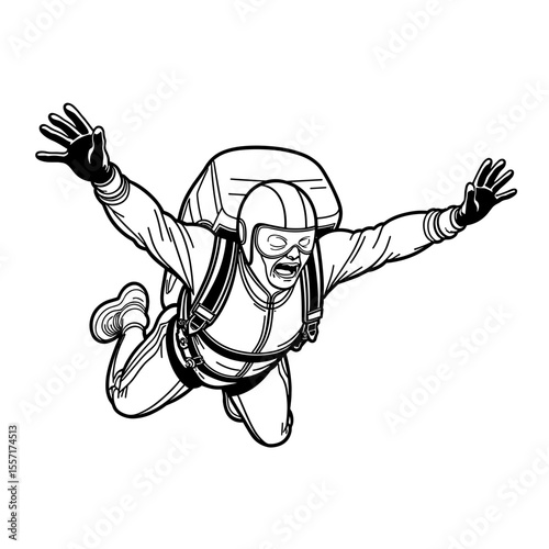 Skydiver Descending with Parachute in Black Line Art, Adventure Sports Illustration