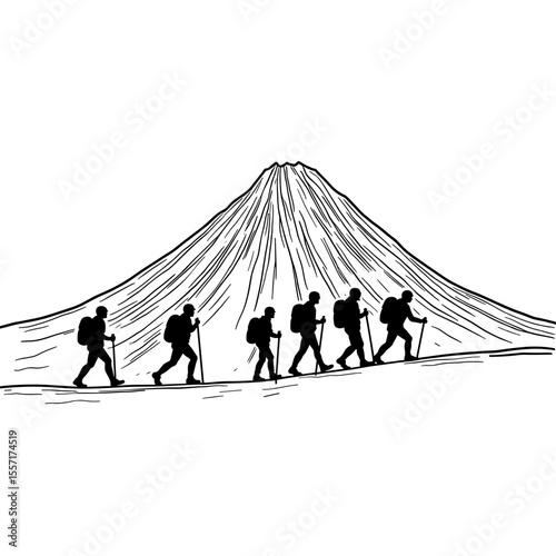 Volcano trekking group in line art style, adventure exploration copyspace