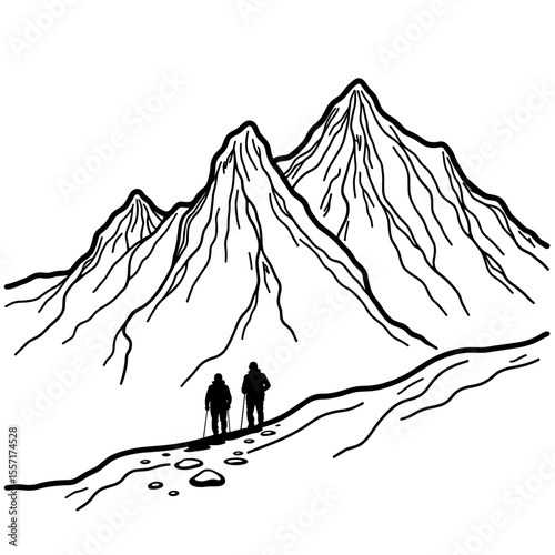 Line Art Glacier Trekking Scene, Adventure Exploration Outline
