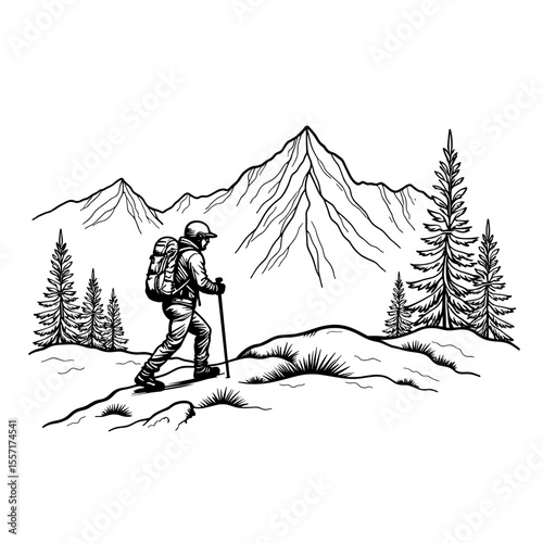 Hiker Line Art in Mountain Landscape, Outdoor Adventure Exploration