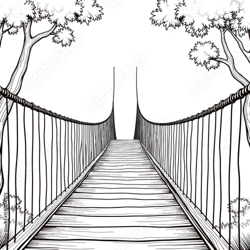Jungle canopy rope bridge line art, adventure exploration copyspace