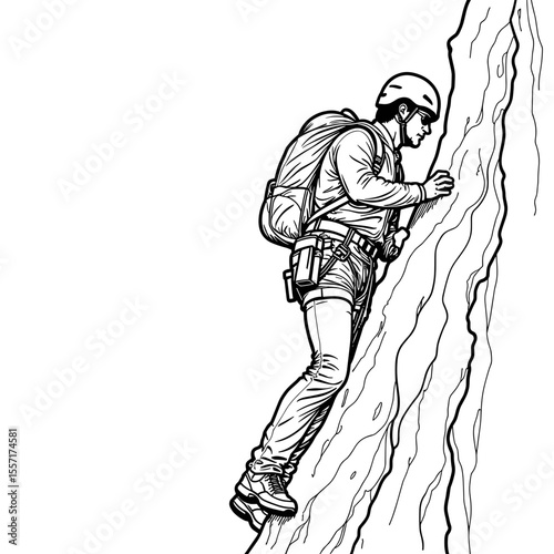 Climber on Alpine rock face in line art style, mountaineering adventure