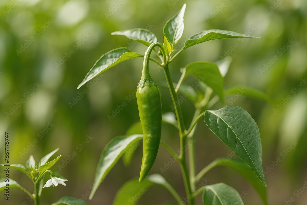 Obraz premium Detailed view of a green chili on the tree