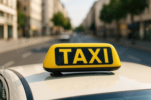 Detailed view of a vehicle's rooftop taxi indicator in an urban setting during daylight