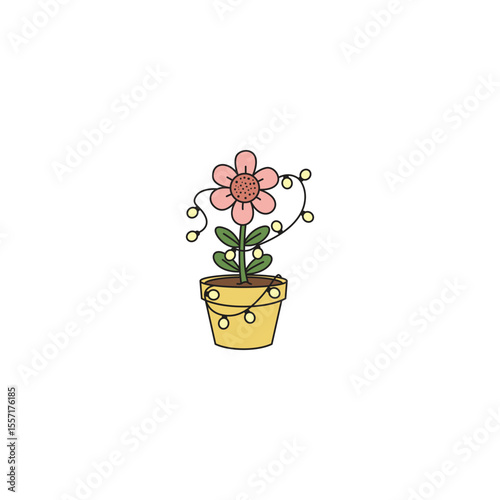 An icon of a pink flower with green leaves and decorative swirls around its stem, planted in a yellow pot, symbolizing artistic flair, flowing design, and intricate details in gardening.