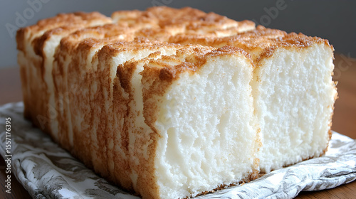 Fluffy angel food cake loaf with caramelized edges, a sweet dessert treat