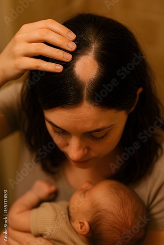 Postpartum Hair Loss on Young Mother with Baby, Circular Bald Patch (Alopecia Areata) on Scalp Vertex in Warm Indoor Light
