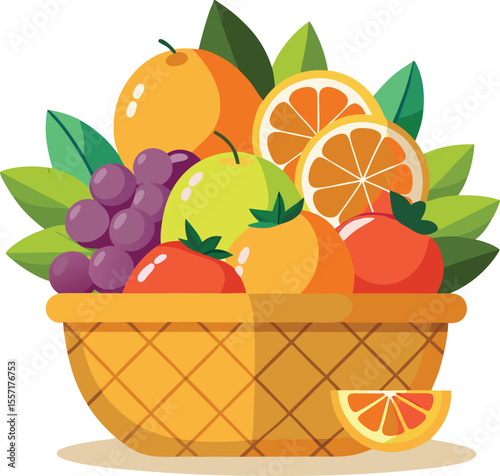 Colorful Fruit Basket Illustration with Oranges Grapes Apple and Tomatoes
