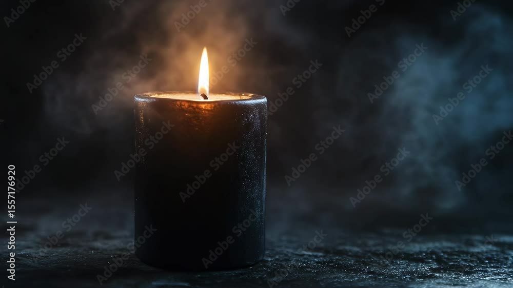 Black candle burning on dark background with copy space