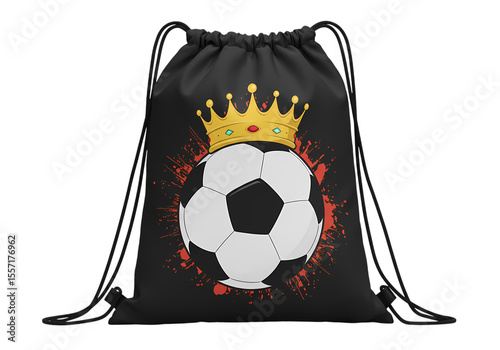 Black Drawstring Backpack with Soccer Ball and Crown Design isolated on transparent background