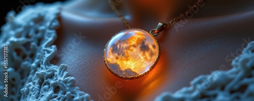 jewelry piece with embedded crystal for feng shui worn during full moon ceremony, gentle spiritual glow and clear night