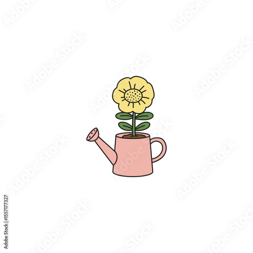 An icon of a yellow flower with green leaves in a pink watering can, symbolizing growth, nurturing, garden tools as decor, and the act of caring for plants.