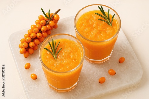 Fresh sea buckthorn beverage served in glasses with aromatic rosemary, packed with antioxidants to strengthen immunity during spring, a nutritious vitamin-rich drink for wellness.