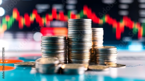 Coins stacked on finance chart, market decline