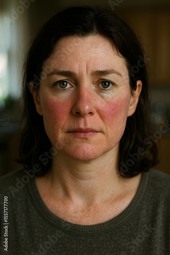 Rosacea Flare Up on Middle Aged Woman’s Face in Natural Light. Close Up Portrait with Facial Redness, Broken Capillaries, and Skin Texture