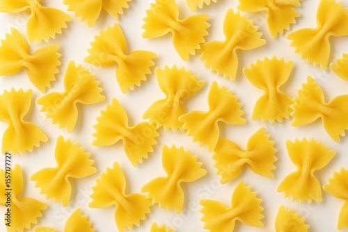 Uncooked dry Italian yellow pasta in the shape of farfalle