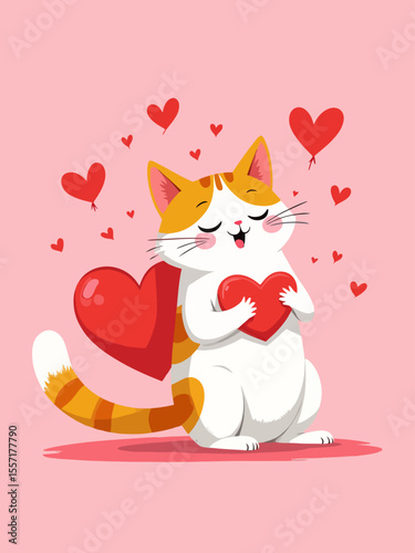 Cute cat holding heart sending love romantic emotions Happy Valentines Day greeting card