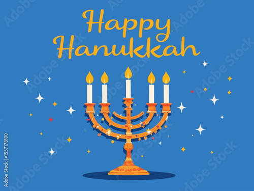 Hanukkah flat vector illustration isolated on a blue background Traditional jewish holiday greeting card design