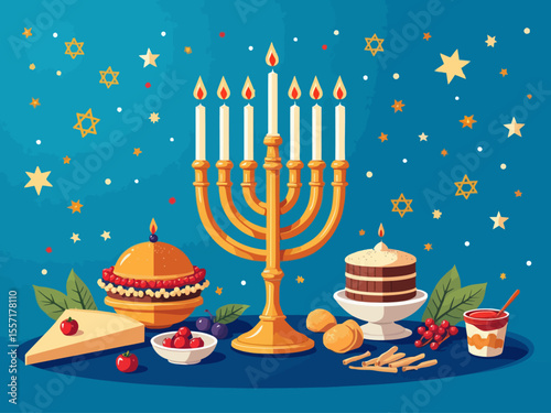 Hanukkah flat vector illustration isolated on a blue background Traditional jewish holiday greeting card design
