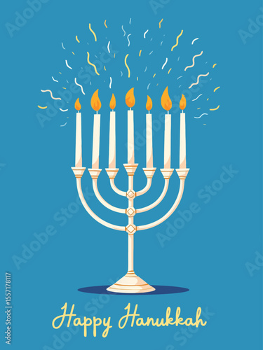 Hanukkah flat vector illustration isolated on a blue background Traditional jewish holiday greeting card design