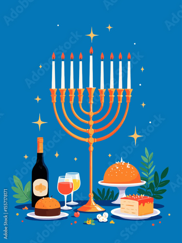 Hanukkah flat vector illustration isolated on a blue background Traditional jewish holiday greeting card design