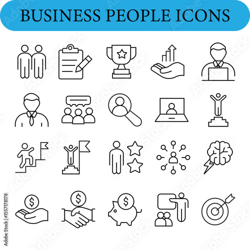A collection of 20 black and white business icons arranged in four rows