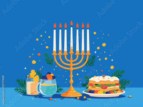 Hanukkah flat vector illustration isolated on a blue background Traditional jewish holiday greeting card design