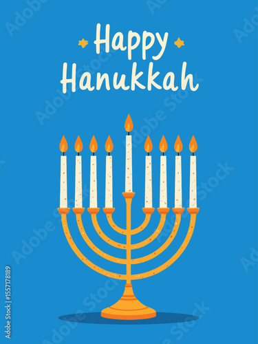 Hanukkah flat vector illustration isolated on a blue background Traditional jewish holiday greeting card design