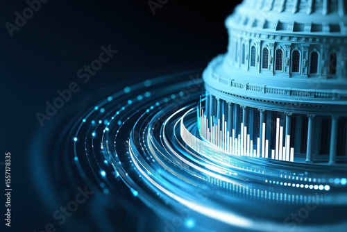 Capitol building finance technology data government digital futuristic blue architecture economy concept glowing abstract statistics modern investment business city urban structure innovation