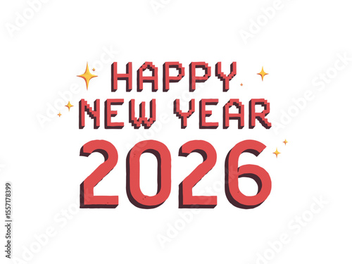 HAPPY NEW YEAR 2026 text with blocky 8 bit font on white background