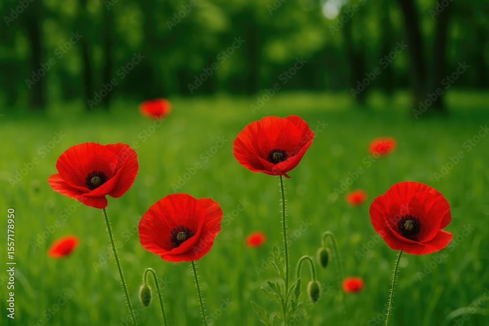 Obraz premium Vivid crimson blossoms blooming across a lush grassy landscape