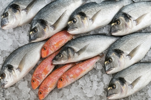 Raw fish backdrop with fresh seafood on ice