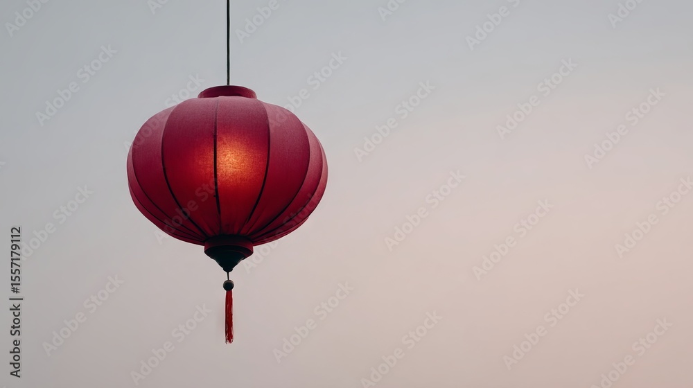 Obraz premium Red lantern gently sways in twilight sky, symbolizing Lunar New Year festivities and Mid-Autumn Festival serenity