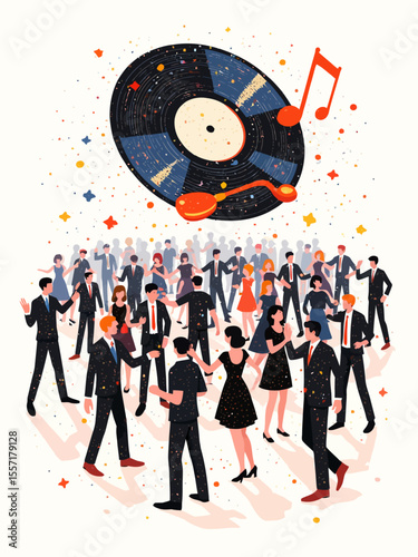 Retro style illustration with vinyl record and dancing people crowd decoration on white background 