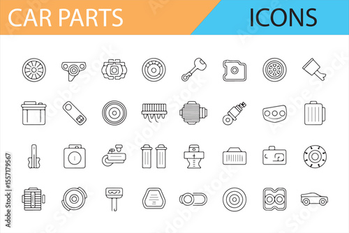 Car Parts and Tools Icons for Auto Industry and Service Centers