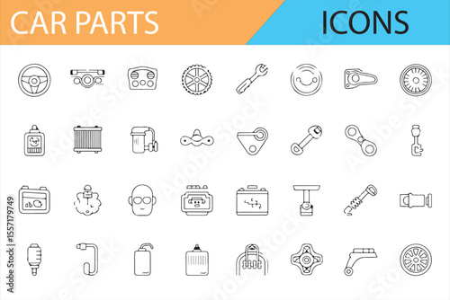 Car Parts Icon Set for Automotive Repair and Maintenance - A collection of minimalistic icons depicting various car parts including engine components, tires, batteries, and other essential automotive 